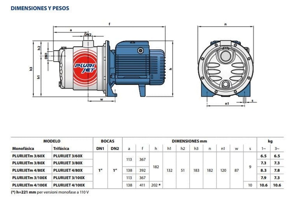 Motobomba Jet 0.75Hp 110-220V 1F 1"X1" Pedrollo Plurijetm4/80 X