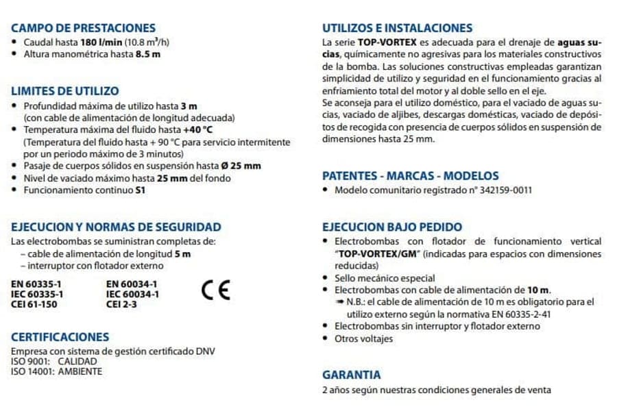 Motobomba Sumergible 0.5Hp 110V 1F 1.25" Pedrollo Top2Vortex