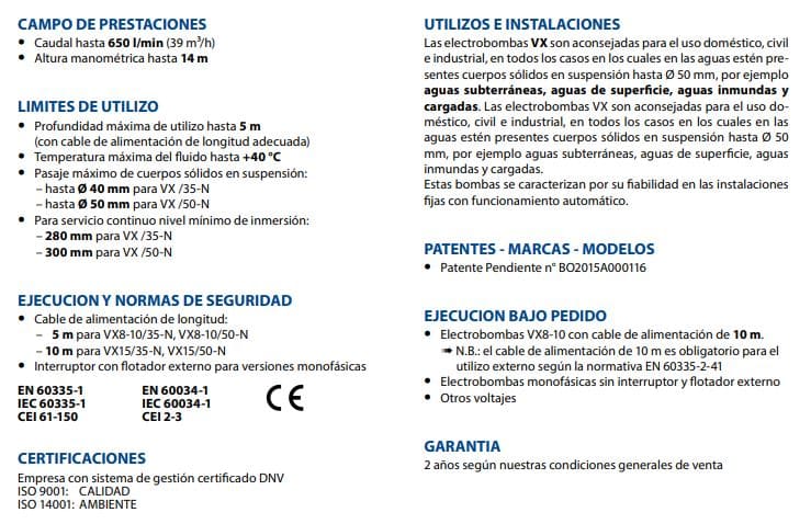 Motobomba Sumergible 1Hp 220V 1F 2"  Pedrollo Vxm10/50-N