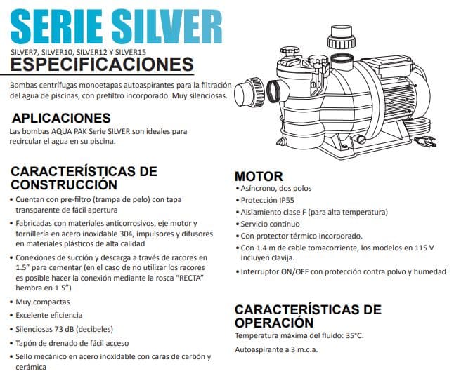 SILVER10-1115 / Motobomba Aquapak Piscina con trampa 1hp / 110V 1F / 1.5x1.5"