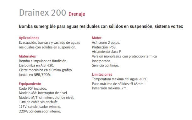 Drainex202A115Cc     / Bomba Sumergible Lodos 1.5Hp 1F 115V Drainex Altamira