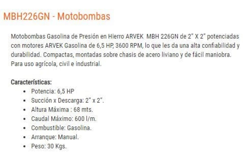 MBH 226GN / Motobomba Arvek Centrifuga 6.5Hp / 2x2"