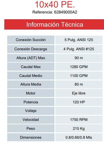 62849000A2 / Bomba Eje Libre 120Hp 1750rpm 425mm Prensa Estopa 10x40PE. IHM Eurolinea