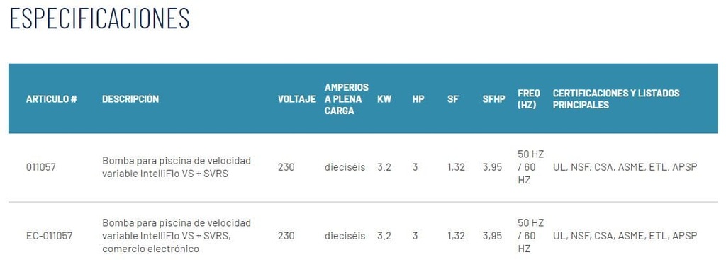 011057 / Bomba Piscina 3Hp Inteligente Variador Velocidad y sistema SVRS